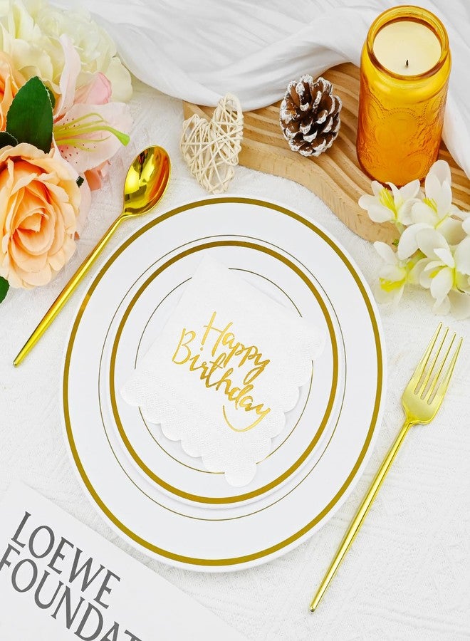 MEINV 100 Happy Birthday Napkins - Disposable Scalloped Gold Foil Birthday Cocktail Napkins, 3-Ply Golden and White Dinner Paper Napkin for Men Women Birthdays Party Decorative Supplies (Gold) - Image 3